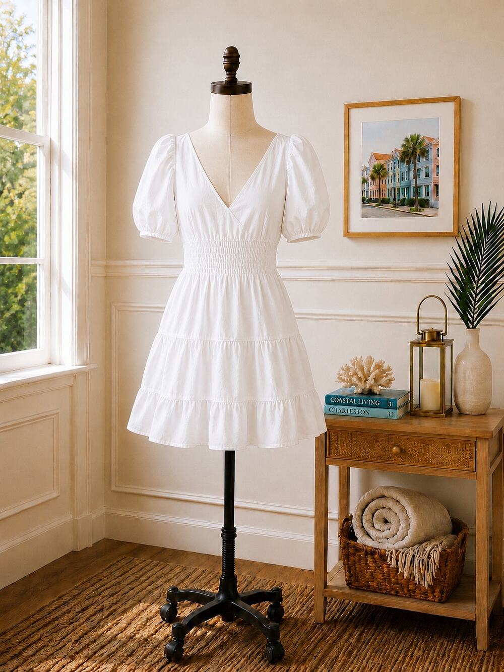 French Connection White Puff Sleeve Tiered Mini Dress – Size US 12